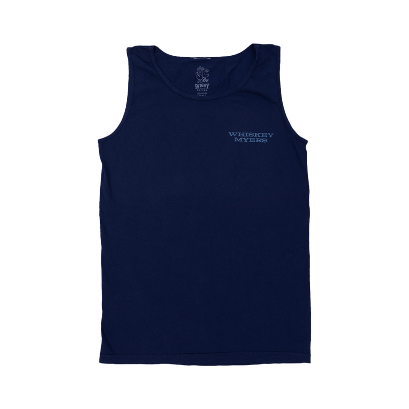 Navy blue sleeveless tank top with small text on the chest.