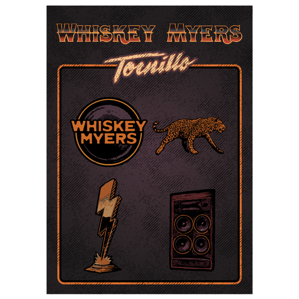 Set of enamel pins featuring a leopard, lightning bolt, speaker, and ’Whiskey Myers’ logo.