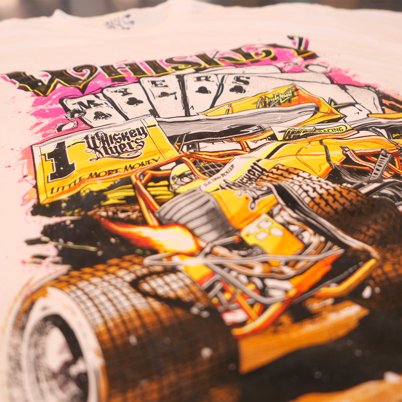 Colorful graphic t-shirt design featuring playing cards and a yellow race car.