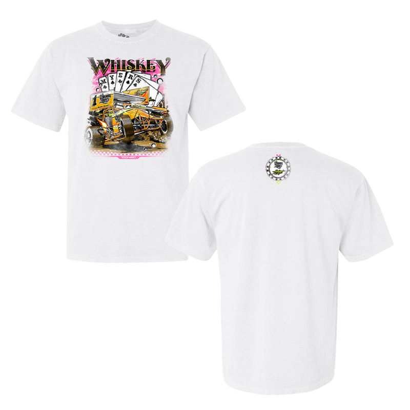 White t-shirt with a colorful graphic design featuring a yellow off-road vehicle and ’Whiskey Bent’ text on the front.