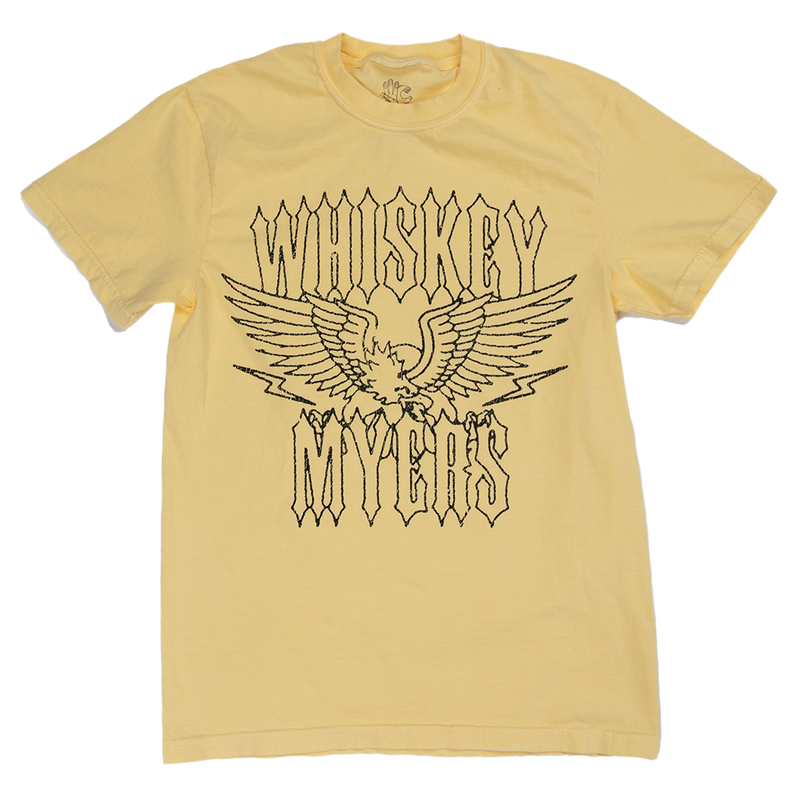 Yellow t-shirt with ’WHISKEY MYERS’ text and an eagle design printed on it.