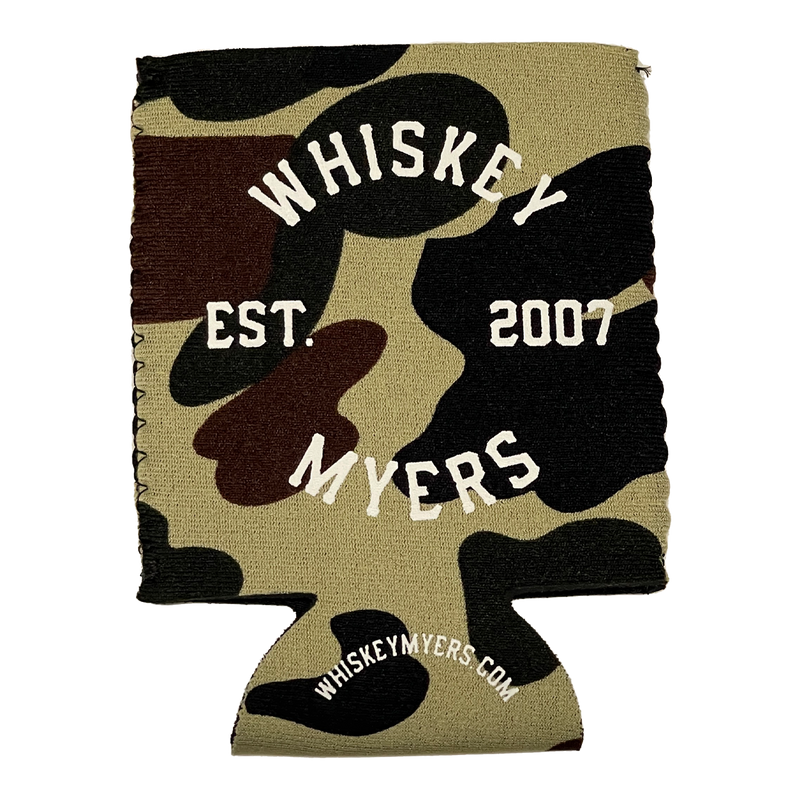 Camouflage-patterned drink koozie with ’Whiskey Myers Est. 2007’’ text.