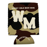 Camouflage-patterned beer can cooler with ’WM’ and ’INSERT COLD BEER HERE’ text.