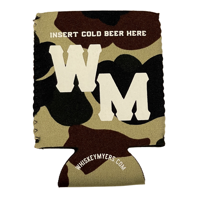 Camouflage-patterned beer can cooler with ’WM’ and ’INSERT COLD BEER HERE’ text.