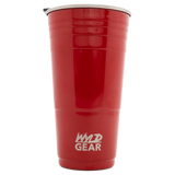 Red plastic cup with ’WYLD GEAR’ printed on it.