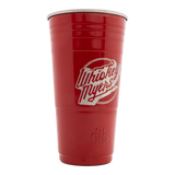 Red plastic cup with ’Whiskey Myers’ logo printed on it.