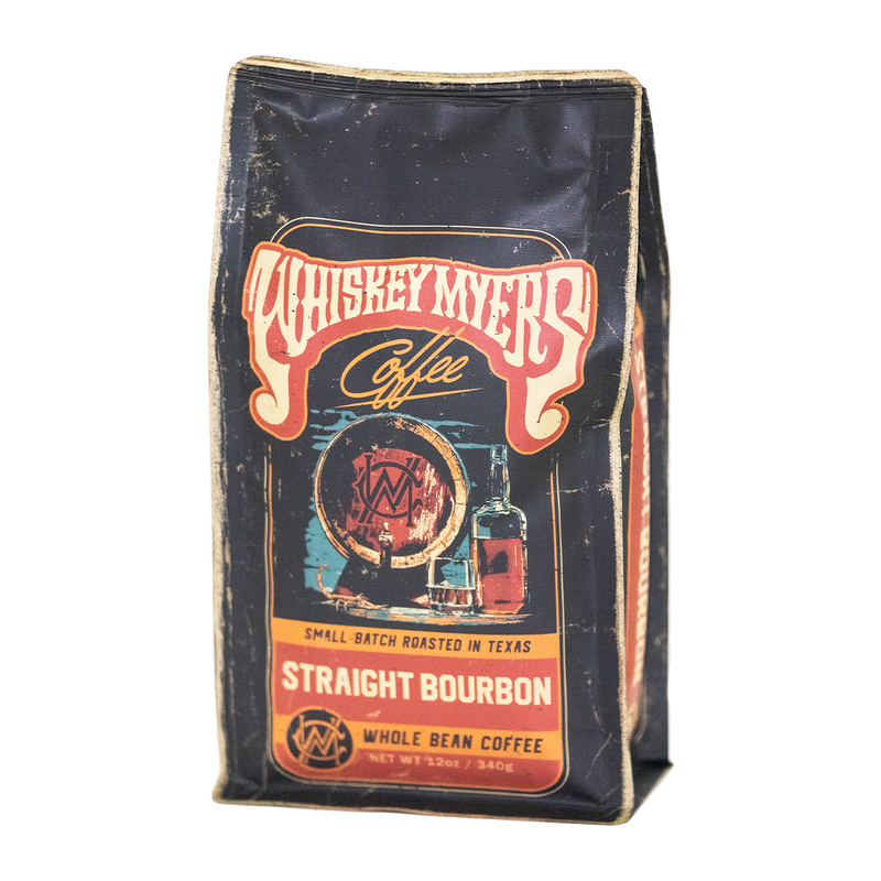 Bag of Whiskey Myers Straight Bourbon coffee with vintage-style label design.