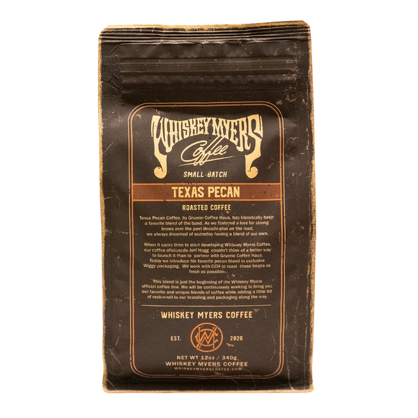 Bag of Whiskey Myers Coffee in Texas Pecan flavor.