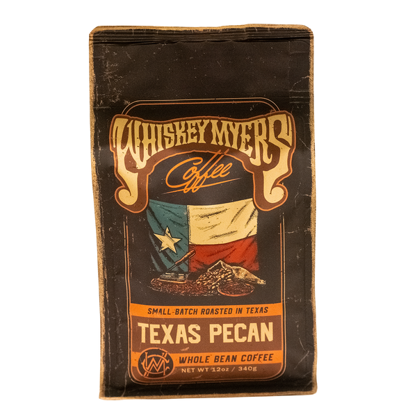 Bag of Whiskey Myers Texas Pecan whole bean coffee with a Texas flag design.