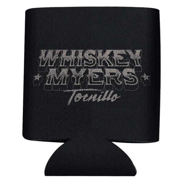 Black drink koozie with ’Whiskey Myers Tornillo’ text printed on it.