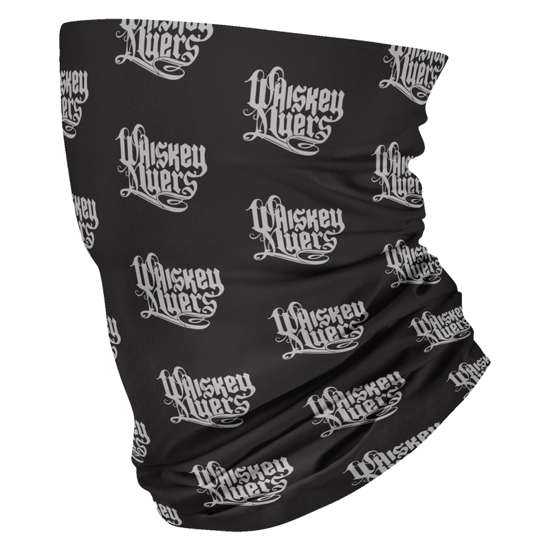 Neck gaiter or face covering with repeating ’Whiskey Myers’ logo pattern on black fabric.