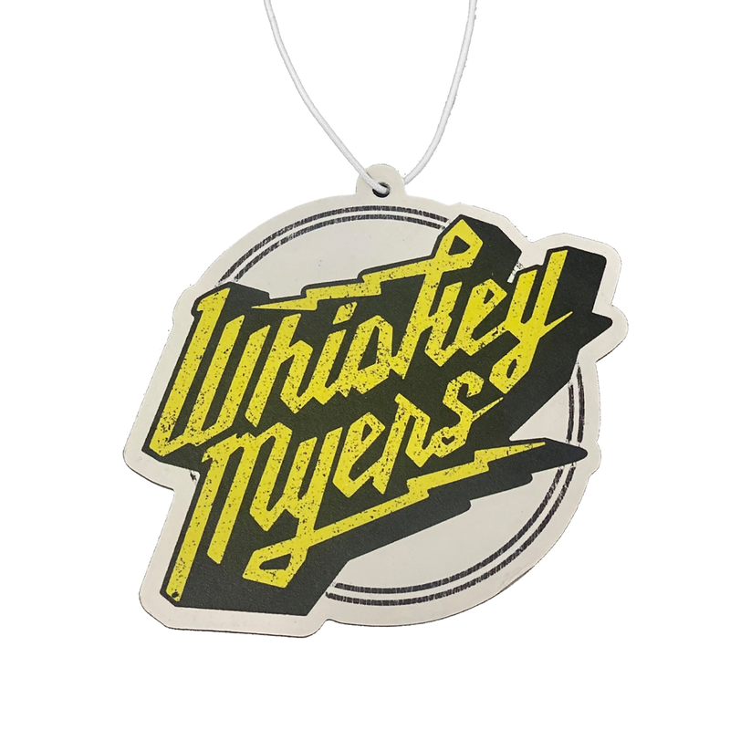 Decorative hanging ornament featuring the ’Whiskey Myers’ logo in yellow and black text.