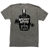 Gray t-shirt featuring a black whiskey bottle graphic with text.