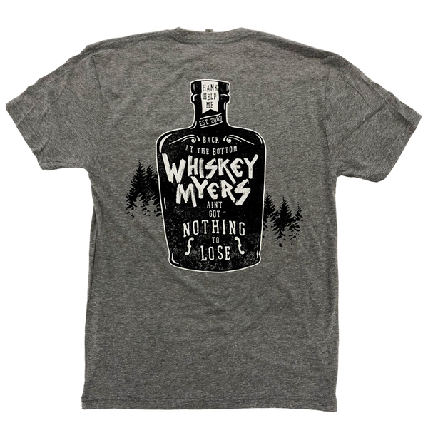 Gray t-shirt featuring a black whiskey bottle graphic with text.