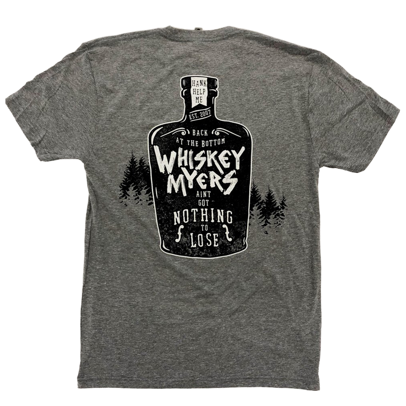 Gray t-shirt featuring a black whiskey bottle graphic with text.