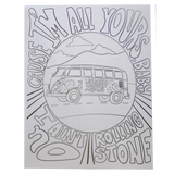 Hand-drawn sketch of a Volkswagen bus with ’Rolling Stones’ written on its side, enclosed in a circular frame surrounded by stylized text.