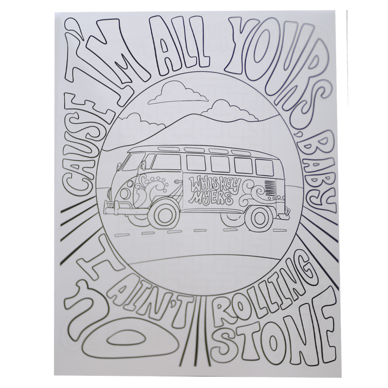 Hand-drawn sketch of a Volkswagen bus with ’Rolling Stones’ written on its side, enclosed in a circular frame surrounded by stylized text.