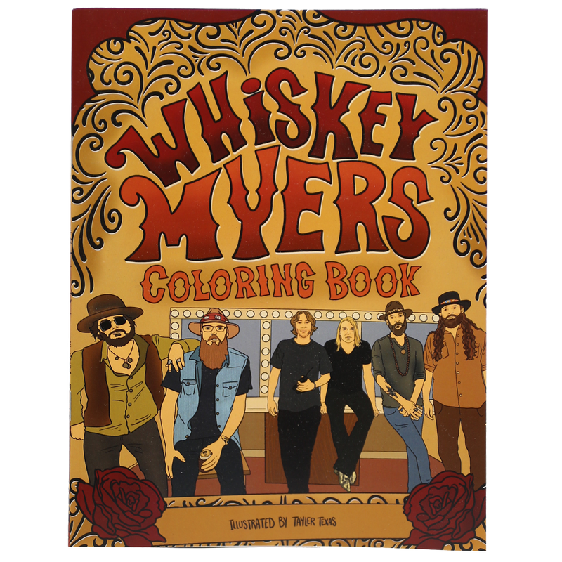 Coloring book cover featuring stylized text and illustrations of a country music band.