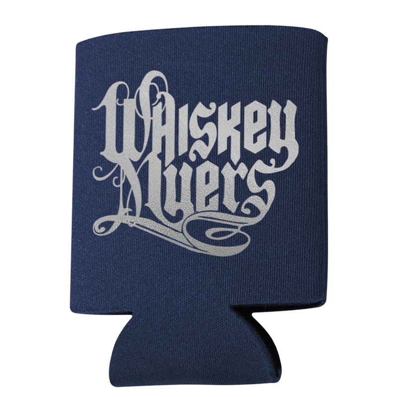 Navy blue drink koozie with ’Whiskey Myers’ written in stylized silver lettering.