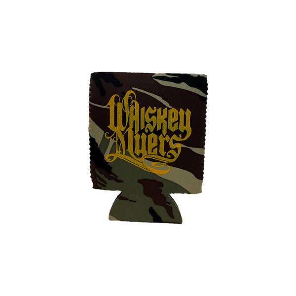 Camouflage-patterned drink koozie with ’Whiskey Myers’ text in yellow.